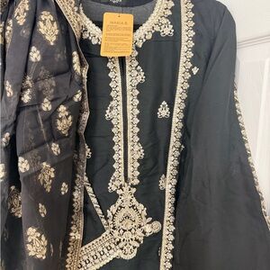 Maria B. Black Long Sleeve Embroidered Dress with Gold Detail